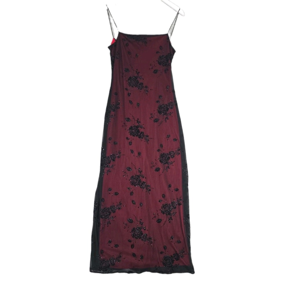 Vintage 90s Y2k Maxi Dress Med Black Roses Burnout Back Cowl Whimsigoth Grunge